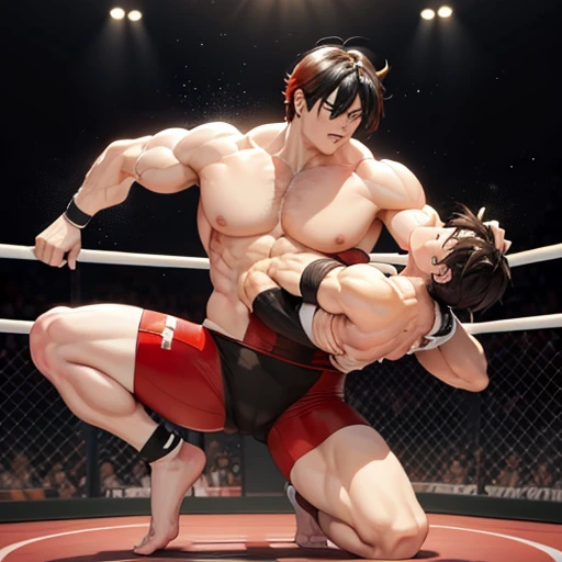 (Eine detaillierte Zeichnung von Rot mit roter Kappe, Ich bin Wrestling-Ring.), With a naked torso, oiled body, Ripping clothes, the strongest of all, huge muscular body, big Bizeps, big shoulders, muscular pecs, Muskelbeine,Abs, Barefoot, Full body image, Angespanntes Ringen im Ring mit goku als Gegner. dynamische Pose. Red grabs Goku and holds him in a tight grip. Red vs goku. Extrem hartes Wrestling Freestyle-Wrestling im Ring liegend, Extrem brutales, sexy, Classic Greco-Roman Prone Wrestling is a TV show, filmisch, realistisch, sexy and muscular, Full body posture. Best quality, Sehr detaillierte Computerillustration. dynamische Pose.