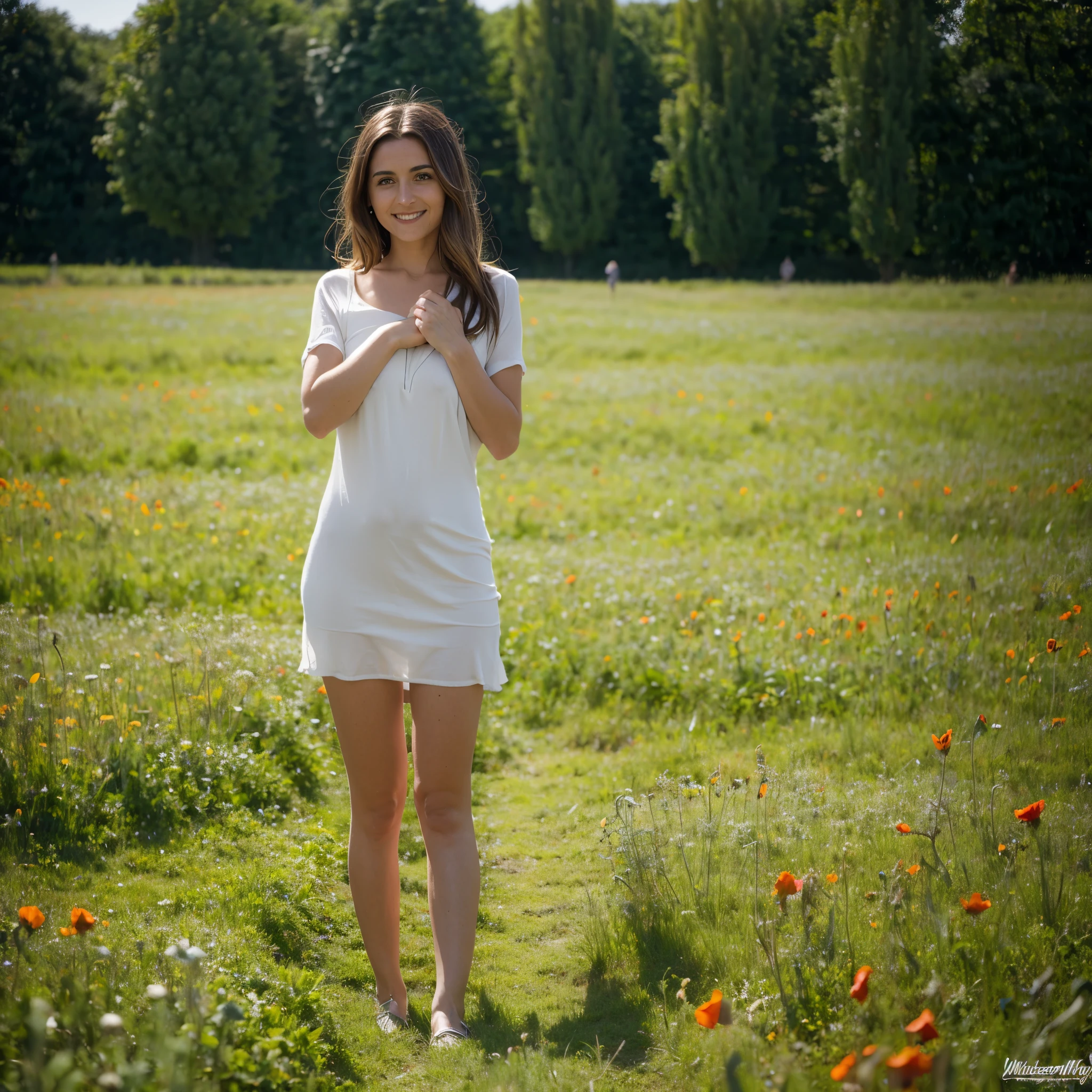 Sage old granny aged 65, light transparent short dress, standing, center of big field of poppies, arms along the body, long brown hair, cinematic atmosphere, feminine, natural, Perfect eyes, perfect hands, perfect teeth, pretty smile, smiling look, ultra-sharp, high resolution, imperfect skin, natural skin, wide angle shot, (1woman), WhiteWetWear