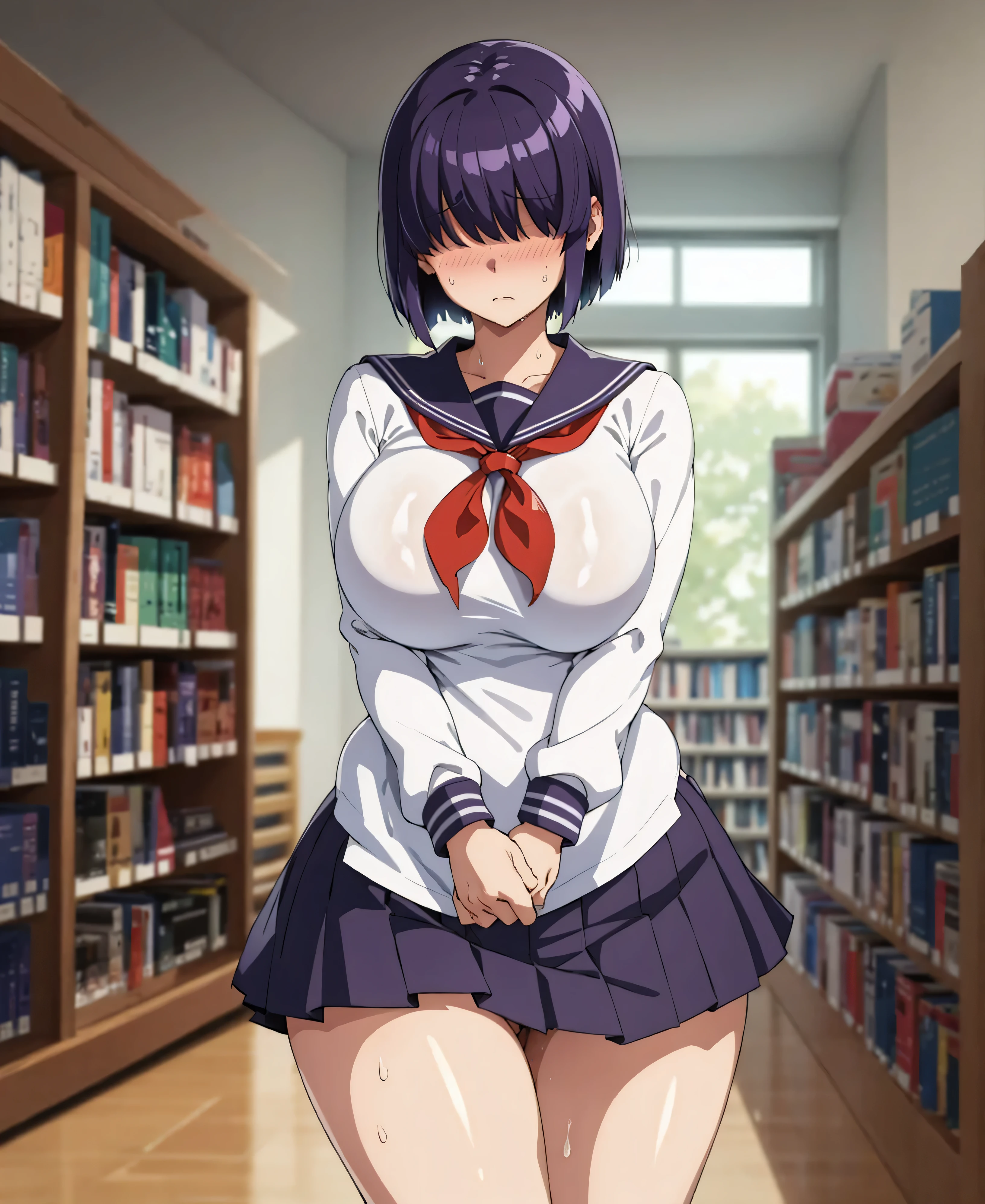 library、Bookshelf、Standing posture、1 female、(Black purple hair、Short Hair)、(Sailor suit、skirt)、Ultra-detailed illustrations、Ultra-precision performance、masterpiece、highest quality、超High resolution、High resolution、（(Embarrassed expression、Sweat、body fluid)）、Mommyfy、hair over eyes、Big Breasts、Both arms are、On the knee