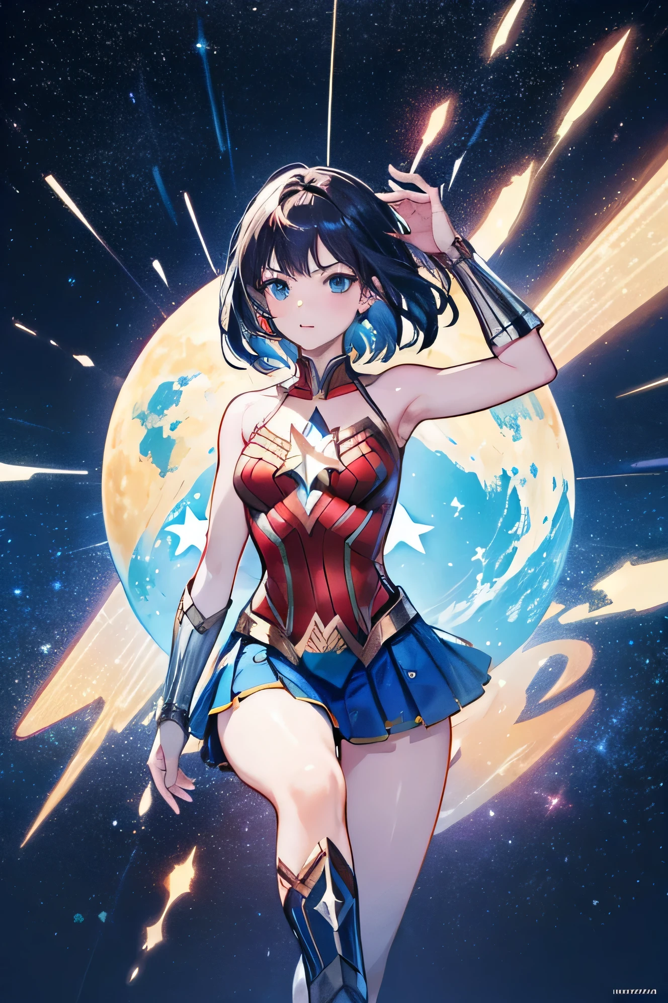 space background with constellations, wonder woman character, a text that says Universo del comic
