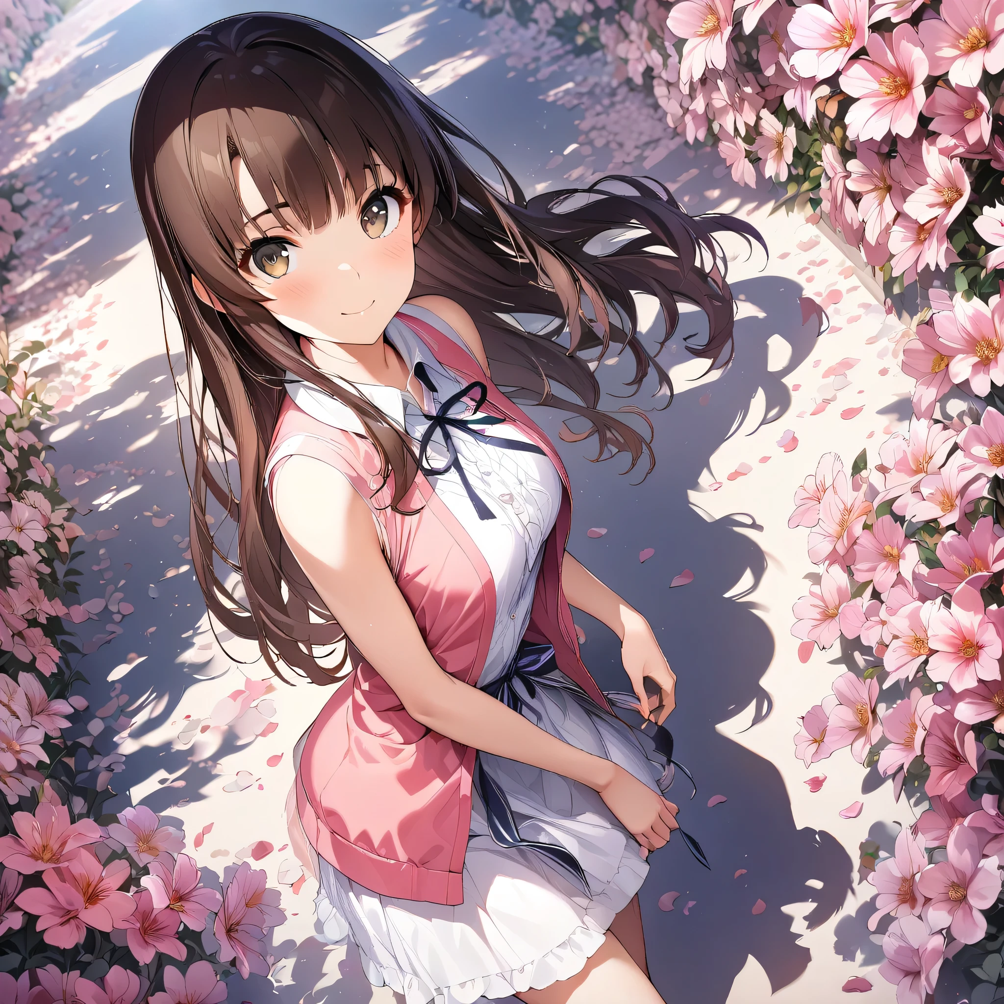 (masterpiece),(best quality),(ultra-detailed),(best illustration),(best shadow),(absurdres),(detailed background),(very aesthetic), megumi katou, 1girl, solo, brown hair, smile, flower, brown eyes, looking at viewer, bangs, sleeveless, jacket, long hair, pink jacket, ribbon, petals, dress 