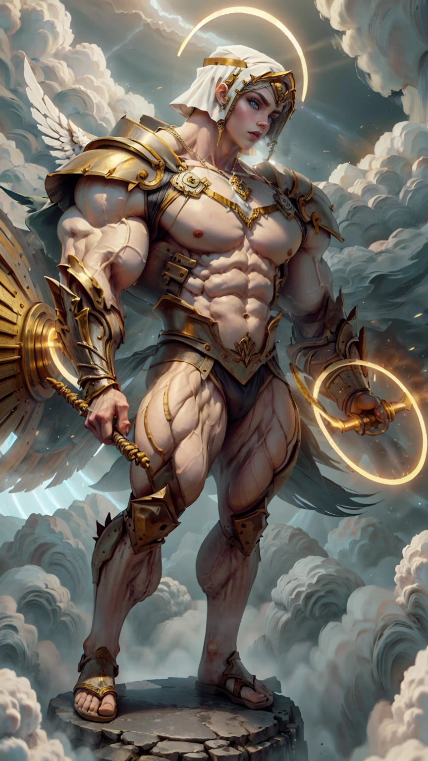 A painting of a muscular goddess athena in the style of greek orthodox paintings, holding a spear and shield dressed in ancient greek style armor, full body view, 16K, ultra high res.photorealistic, UHD, RAW, DSLR, natural Lighting, Sharp Focus