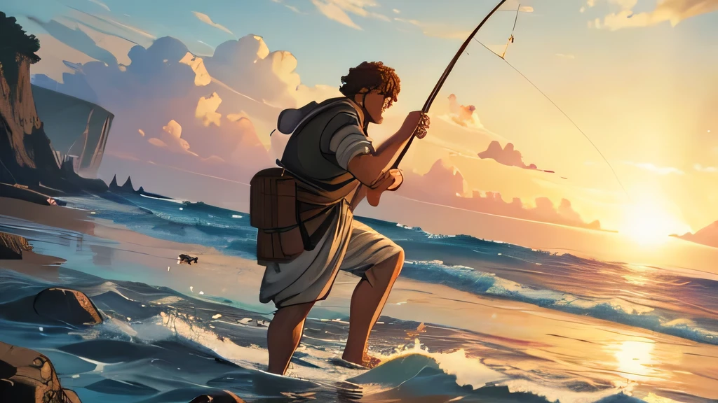 Man fishing with a cast net that you have caught some fish in the sea, men in ancient brown Greek clothing from the 1st century BC, ultra realistic anime drawing style. in the middle of the sea