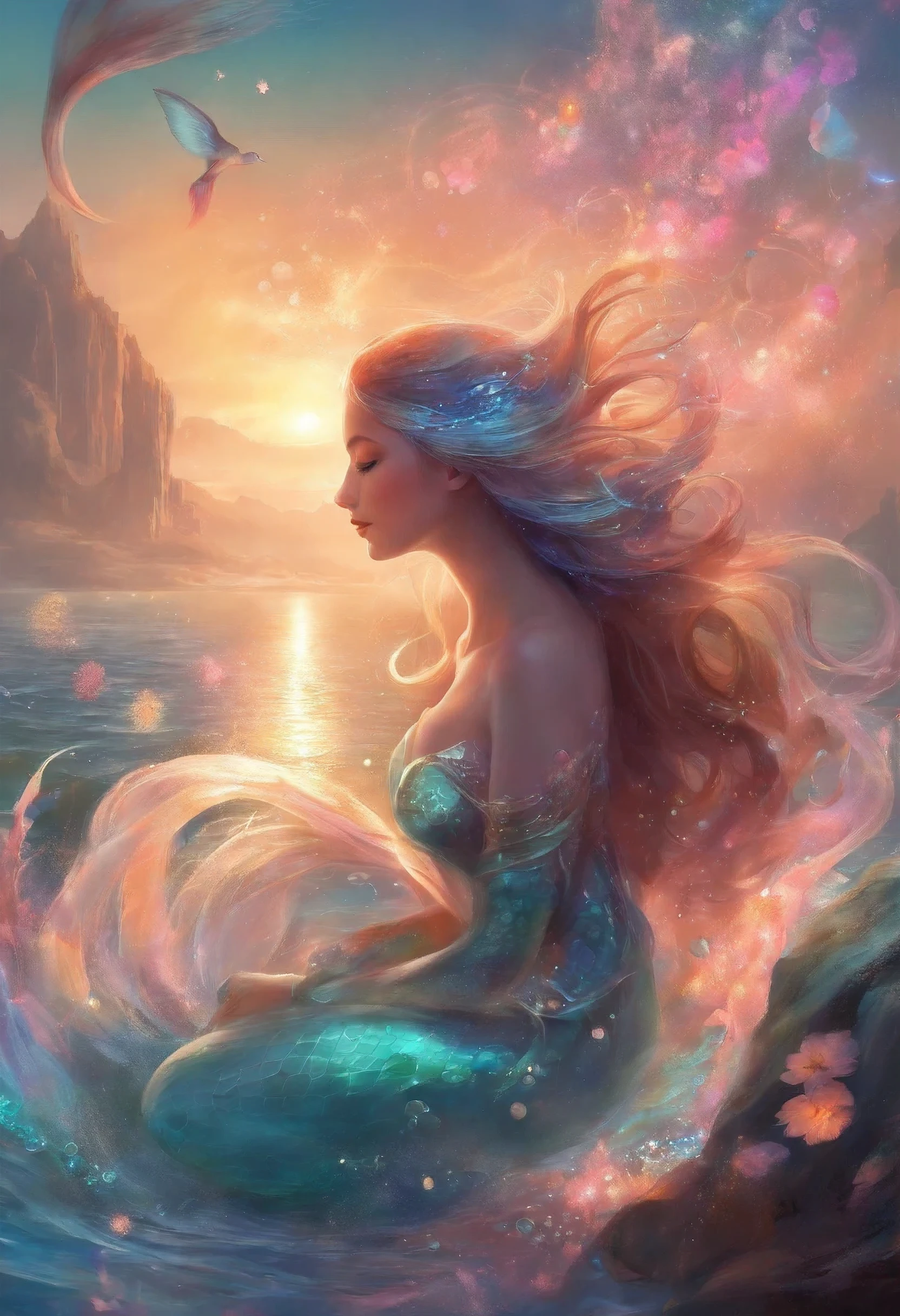 Mermaid princess diving into the sea, changing into bubbles,