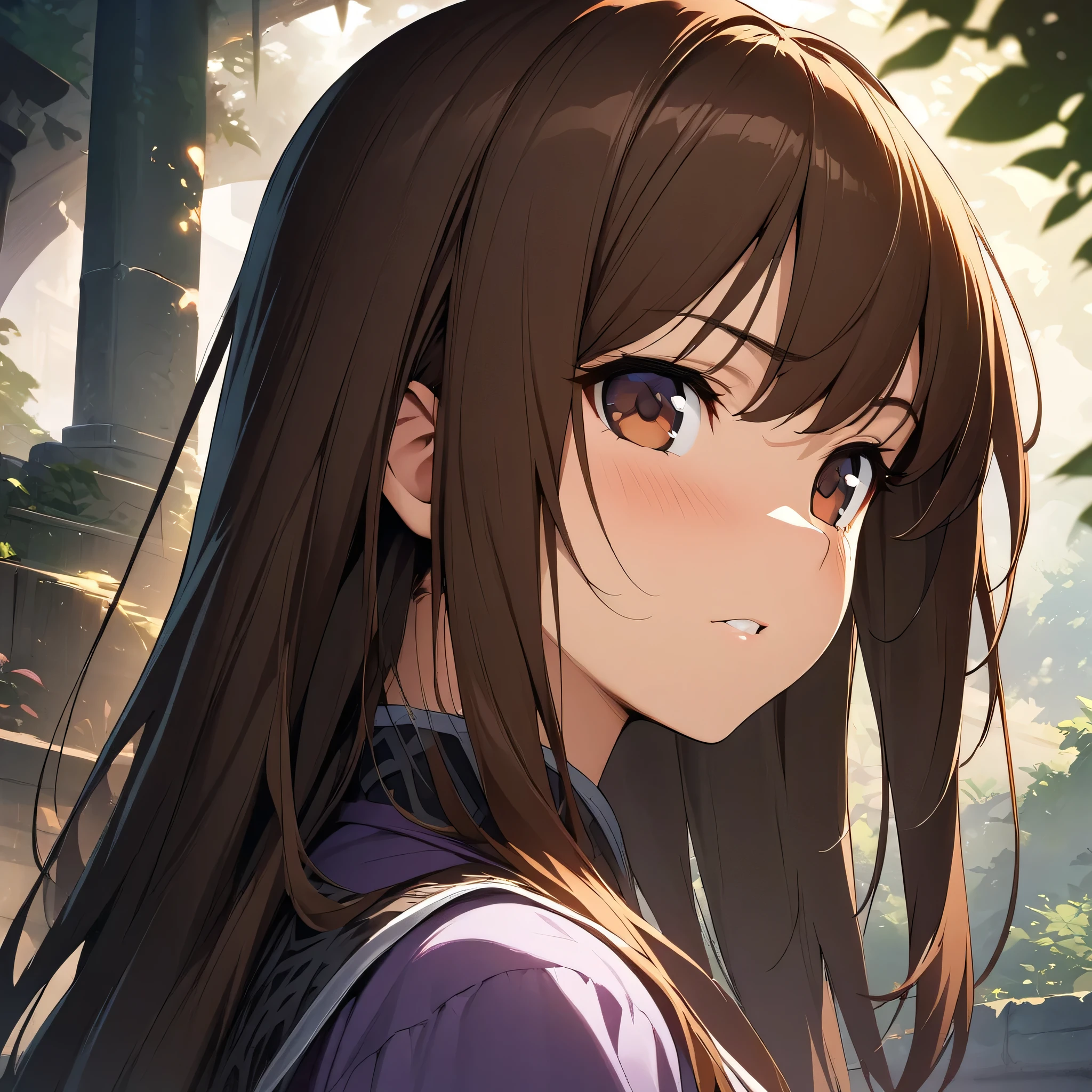 (masterpiece),(best quality),(ultra-detailed),(best illustration),(best shadow),(absurdres),(detailed background),(very aesthetic), 1girl, solo, kasumi(qg), brown eyes, brown hair, long hair, portrait, very close-up, 