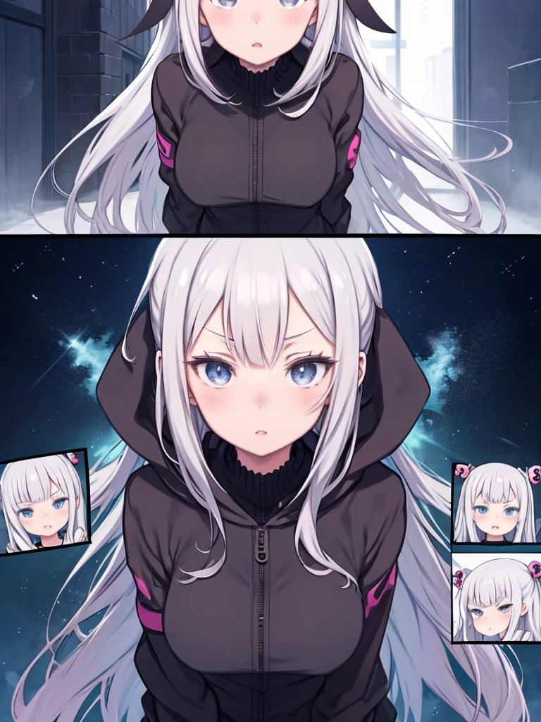 Silver hair and eyes、Black hoodie, Cute girl anime visuals, Anime movie screenshots, & Her expression is solemn, Ahegao, In anime movies, In anime, Young woman anime visual, She has a pretty, expressive face, A still from the anime, Perfect breasts