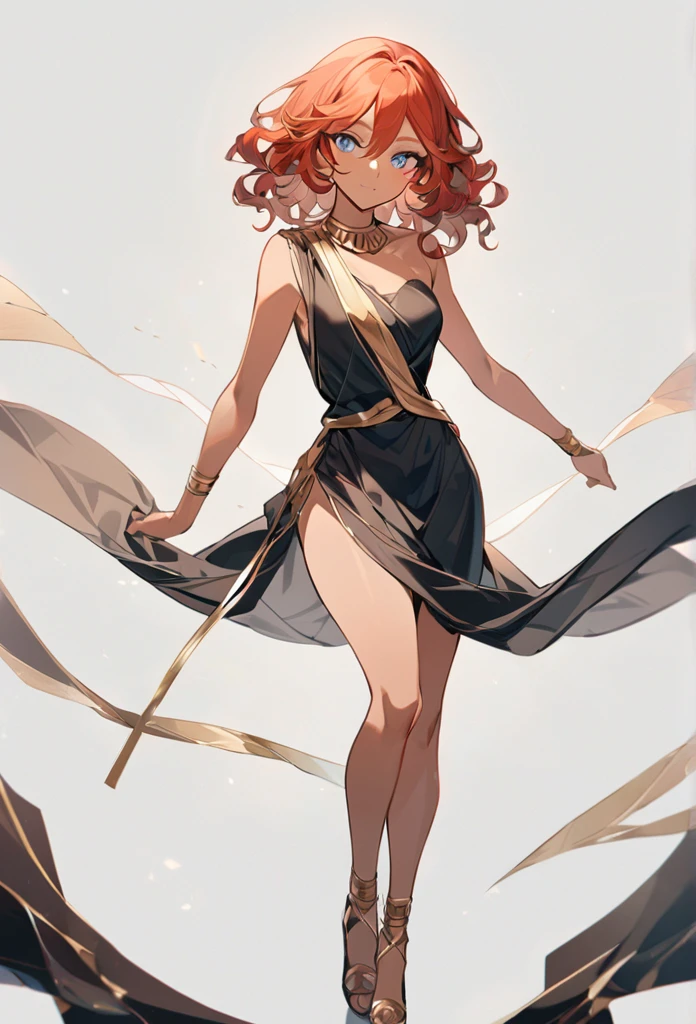 (high-quality, breathtaking),(expressive eyes, perfect face) 1girl, female, solo, young adult, ginger red color hair, tanned skin, pale light blue eye color, medium hair length, fluffy spiky hair, wavy curly hair, black dress with gold trim, tunic, Greek Goddess, Ancient Greek Dress, Greek Clothes, Symmetrical Eyes, positive expression, elegant, mature, beautiful, soft smile, hair between eyes, SunsetHuman, collar, grey background, full body, high heels