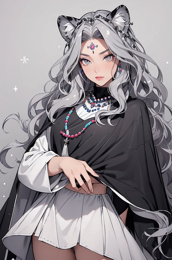 (masterpiece, highest quality:1.2),One girl, Upper Body,tail, large tail, Gray Hair, Very long hair, Wavy Hair, Grey Eyes, detailed eyes, Multicolored Hair, Circlet, Beaded Necklaces, Animal ears, Leopard Ears, Black Cape, White Dress, Hip vents, Pelvic Curtain, Grey knee socks, the snow&#39;s, the snow&#39;s mountains, Blizzard, Volumetric lighting, Scattered beneath the surface, Cinema Lighting, Chiaroscuro, Floating Hair, Place your hand on your chest