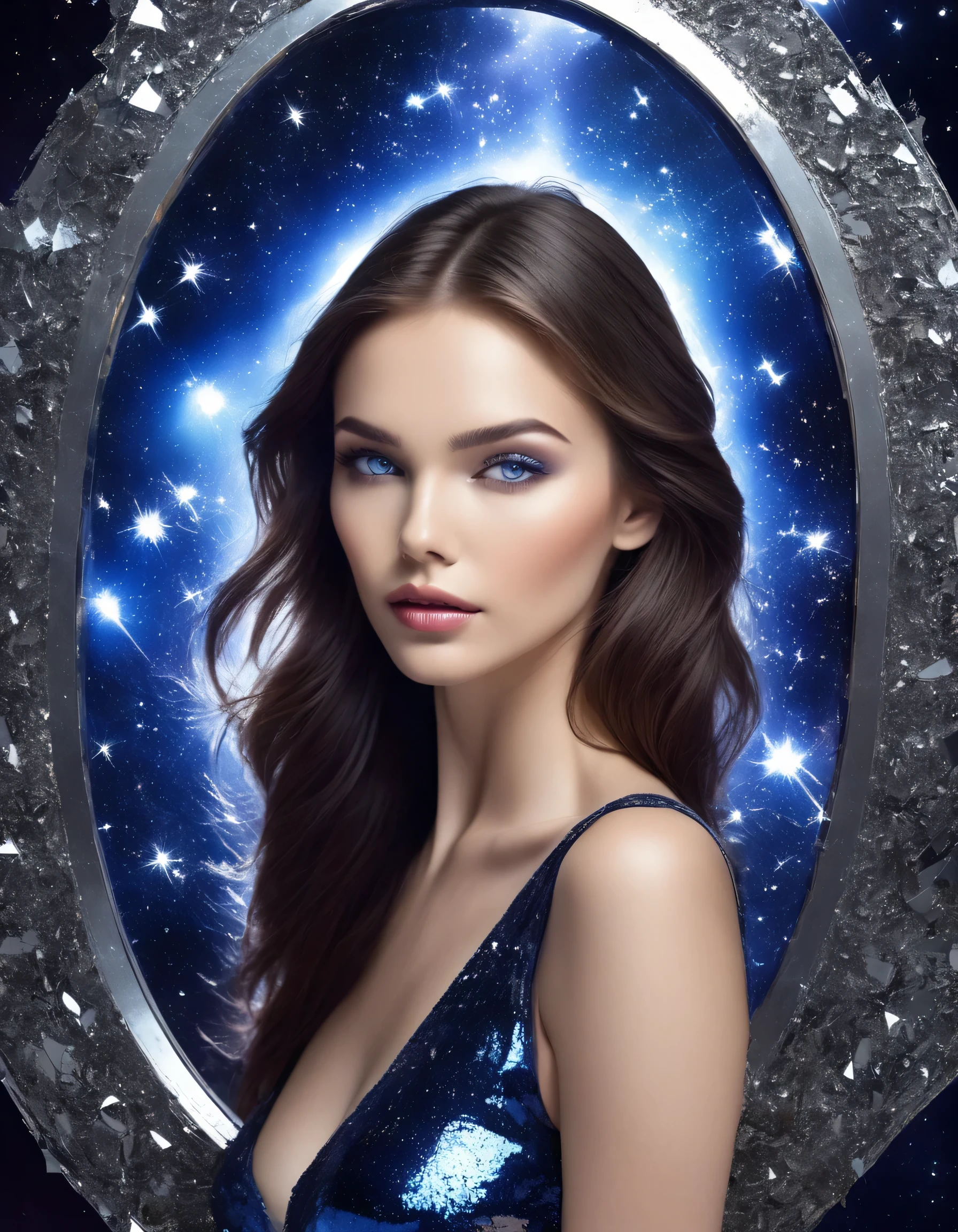 broken Mirrors reflect our fragility; in them,
we see our own inner truths. 
stunning girl standing in front of the smashed mirrors and
watching her reflections from thousands of broken mirrors  , behind the broken mirrors deep space and stars of huge nebulas replaced , altering our reflection in
the broken mirrors ,dark shadows ,midnight,spot lights , fantastic, crashed mirrors flying around reflecting shapes of body , portrait of a gorgeous lady , beautiful mesmerizing faces reflecting from broken mirrors at the dark horizon, portrait shot , nebulas and stars at the scenery, dark blue beautiful symmetric eyes ,3D,perfect eyes,extremely detailed face, lifelike photography, ultra high detailed,naughty smile ,high  quality ,alluring beauty portrait shot ,closeup shot, gorgeous Russian model, awesome action photos, realistic, hyperrealism, fantasy , beautiful fit body, beautiful long legs, reasonable nudity, reasonable naked body parts ,