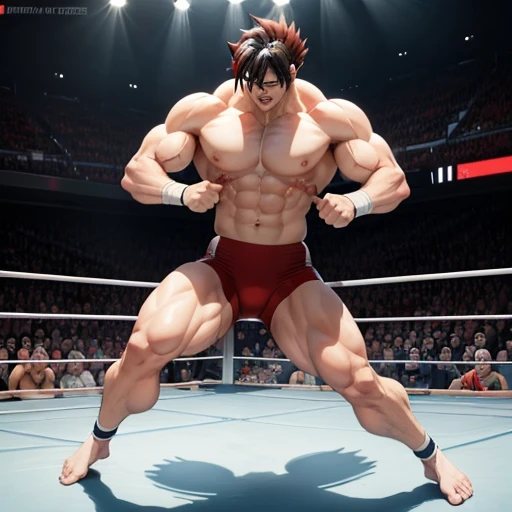 (Eine detaillierte Zeichnung von Rot mit roter Kappe, Ich bin Wrestling-Ring.), With a torso, oiled body, Ripping clothes, the strongest of all, huge muscular body, big Bizeps, big shoulders, muscular pecs, Muskelbeine,Abs, Barefoot, Full body image, Angespanntes Ringen im Ring mit goku als Gegner. dynamische Pose. Red grabs Goku and holds him in a tight grip. Red vs goku. Extrem hartes Wrestling Freestyle-Wrestling im Ring liegend, Extrem brutales, sexy,assic Greco-Roman Prone Wrestling is a TV show, filmisch, realistisch, sexy andscular, Full body posture. Best quality, Sehr detaillierte Computerillustration. dynamische Pose.