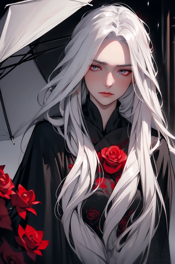 elegant woman with long silver hair, beautiful detailed eyes, detailed lighting, shallow depth of field, white hair, hair covering one eye, red flowers in hair, long black cloak, wet, emotionless, contemplative, night, starfall, raining, fog, falling red flowers, sketch-like, upper body, strong shadows