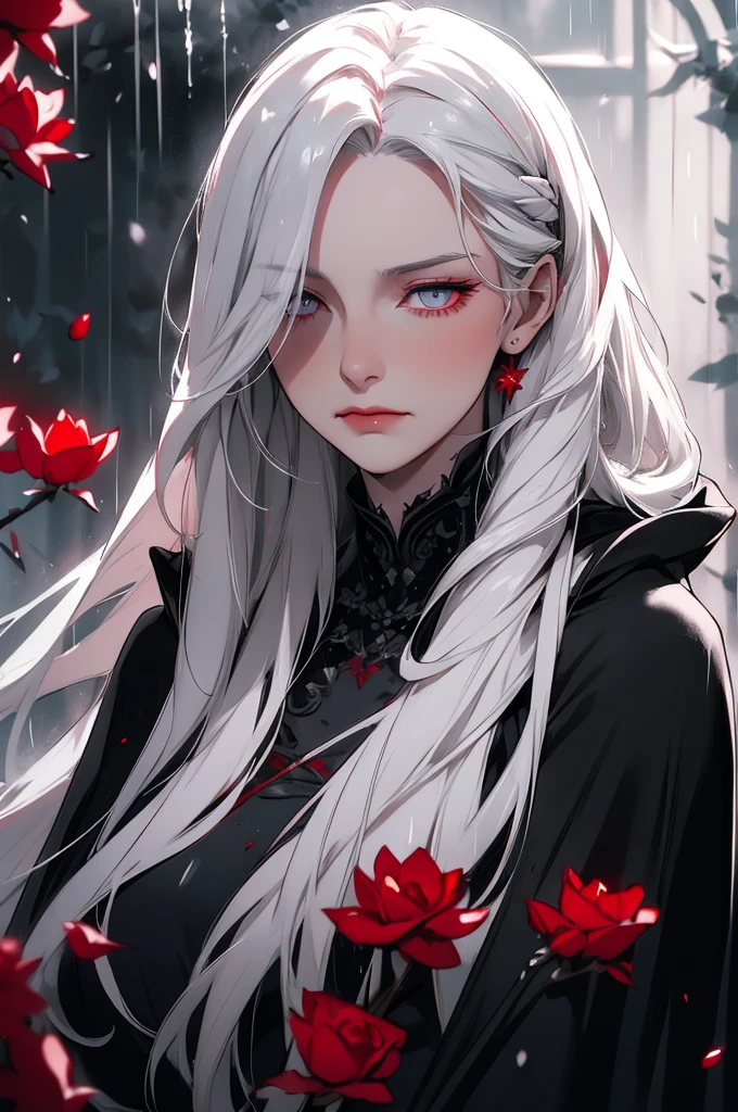 elegant woman with long silver hair, beautiful detailed eyes, detailed lighting, shallow depth of field, white hair, hair covering one eye, red flowers in hair, long black cloak, wet, emotionless, contemplative, night, starfall, raining, fog, falling red flowers, sketch-like, upper body, strong shadows