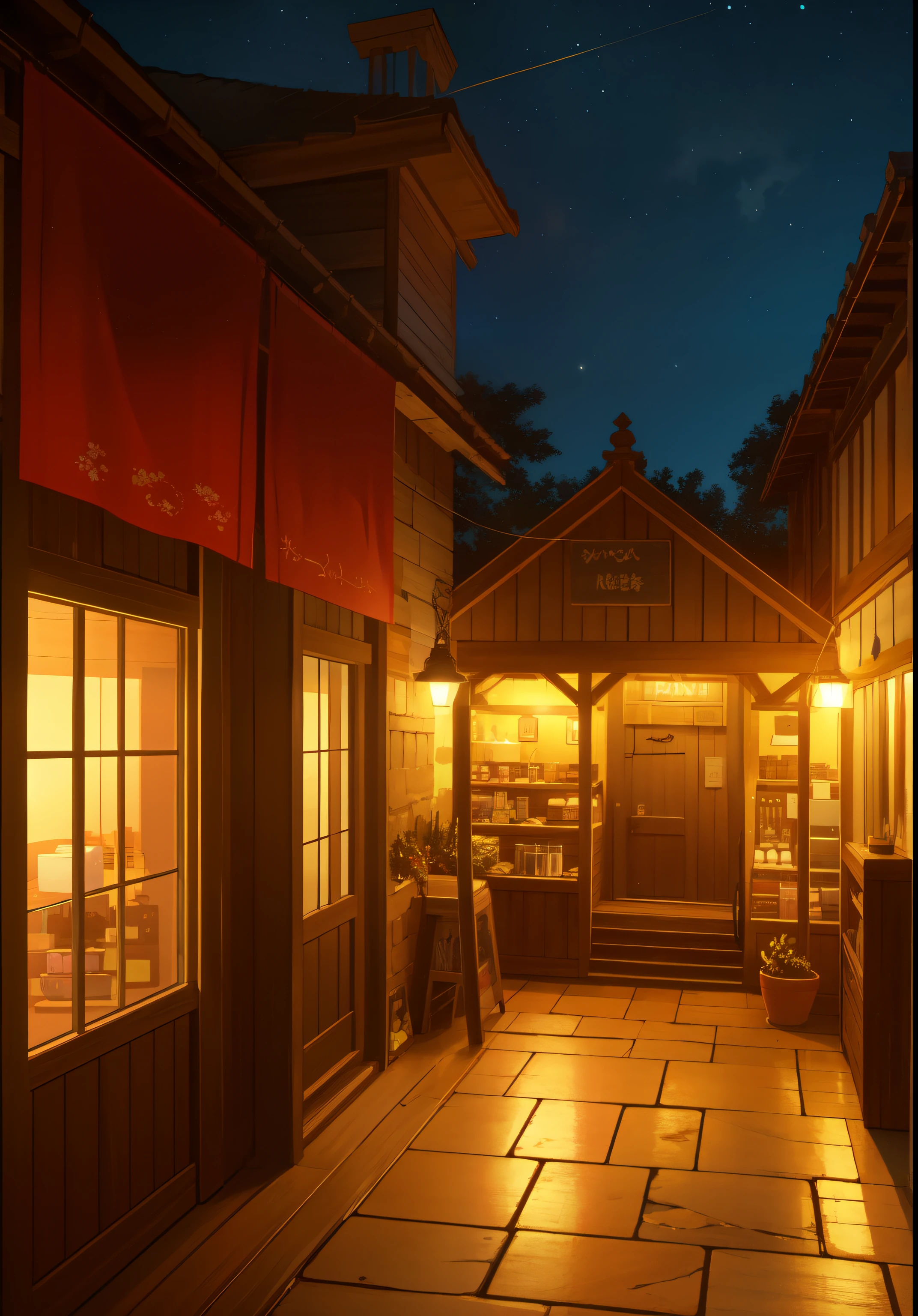 ((anime)), (masterpiece:1.2), Best quality, a high resolution, unity 8k wallpaper, (illustration:1.2), night, high wooden porch, ((old small shop with goods)), spanish architectural style