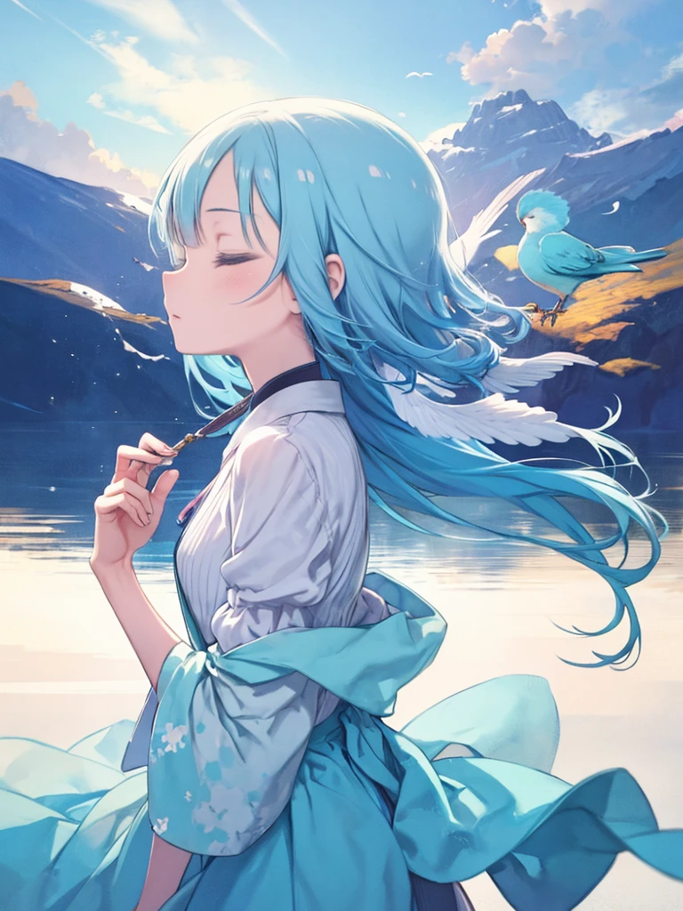 Watercolor、Light color、Beautiful colors、Perfect Anatomy、Cowboy Shot、Girl Closing Her Eyes、cute、profile、Painting of a woman with blue hair and a bird in her hand