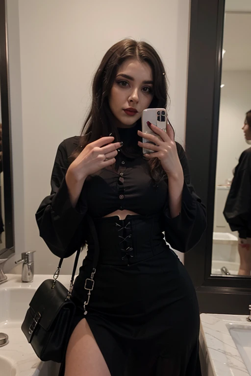girl taking a selfie in the mirror, wearing Black modest goth outfits, long-sleeved dress, kimono-style sleeves, long skirt, waist-cinching corset (all body Covered) dark makeup, big eyeliner, full lips, dark red lips, short black weavy hair, curvy thin body, dark look, modest outfits