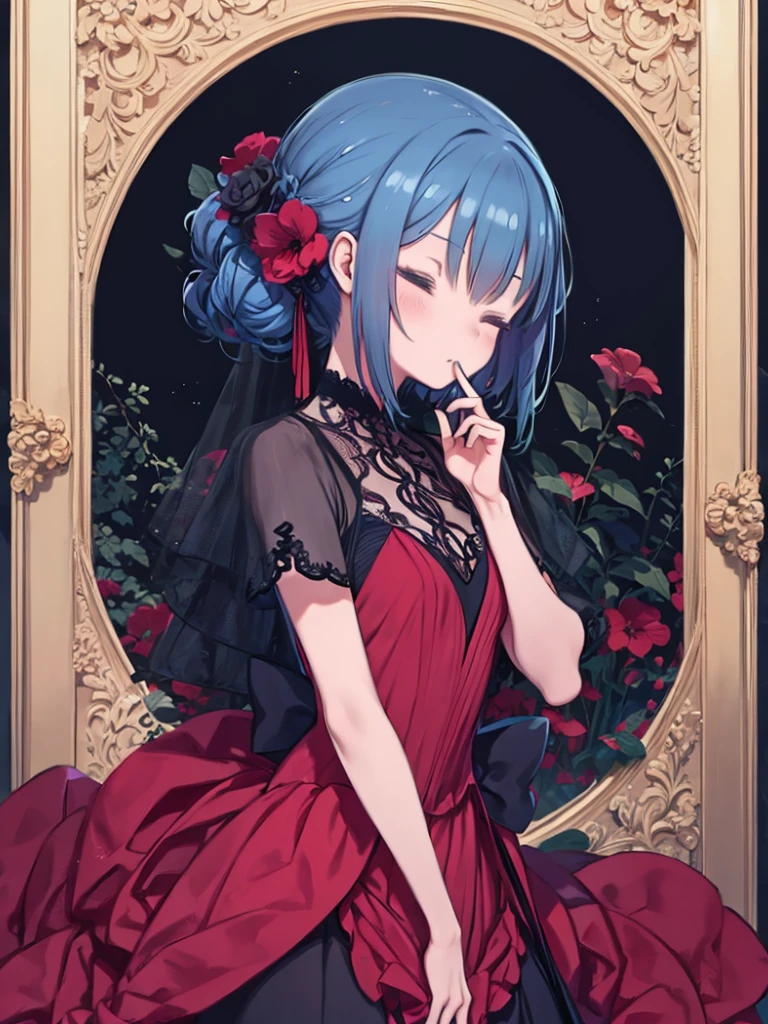 girl ,close your eyes, Blue Hair , Wearing a red dress with black flowers and playing the flute ,Private V、