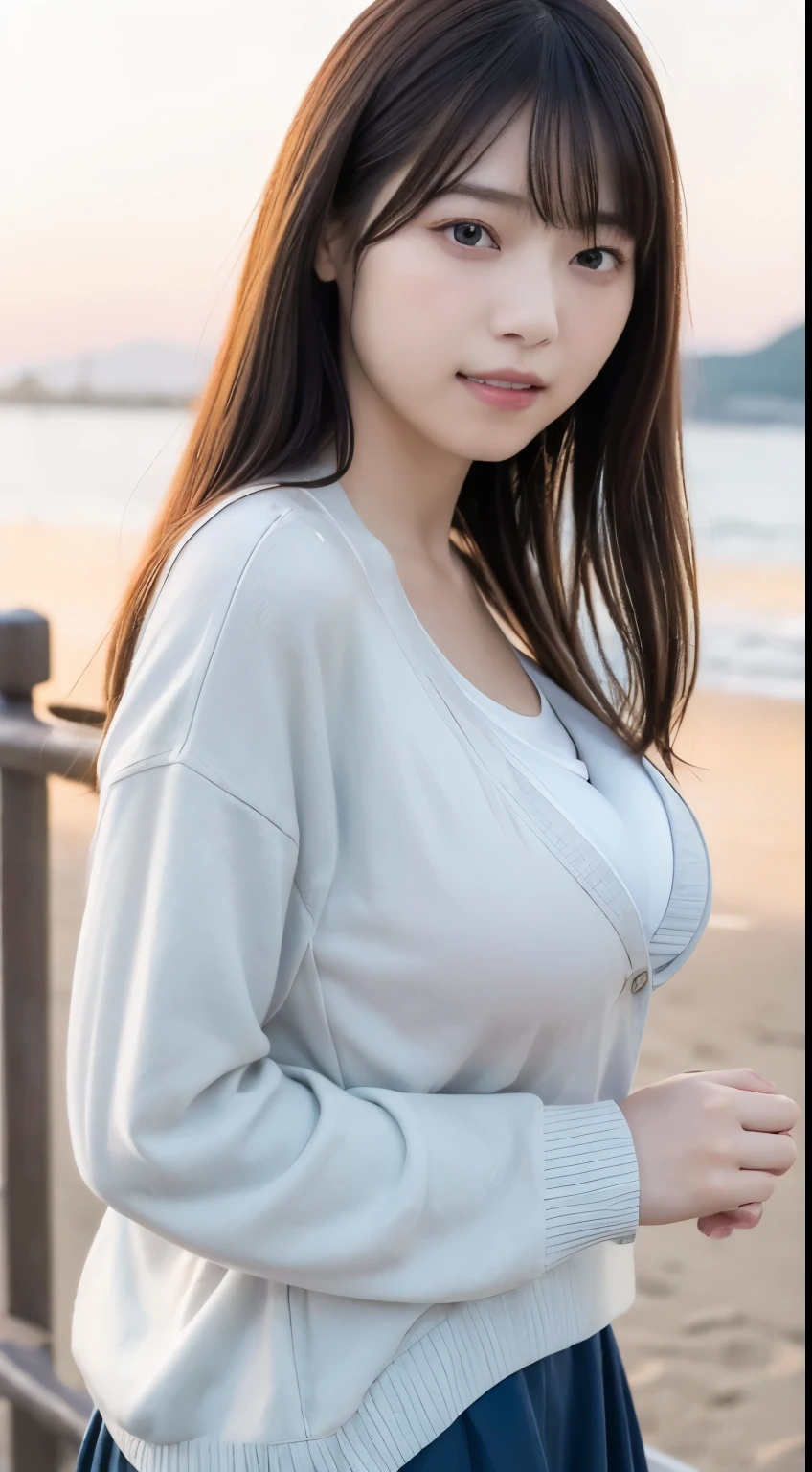 sunset, (Top image quality:1.0), (超A high resolution:1.0), 8k, Raw photography, (masterpiece:0.2), (Face to face with the children_v1:0.5)、(最高quality Detail:1.2)、Realistic、8K Ultra HD、High resolution、(1 girl:1.2)、超become closeな、High quality textures、Intricate details、become close、Very become close CG、High quality shadows、become close 美しく繊細な顔、Beautiful details and a delicate eye,Written boundary depth、Ray Tracing,1 girl, Japanese Girls, (Natural smile:1.4),cute, thin, Portrait of beautiful Japan woman,At the beach, Elegant and delicately decorated hair, Gentle expression. The soft light of a spring afternoon、Adding tranquility to the scene. Rendered in a Realistic style with great attention to detail, High resolutionの画像.Sky Porn, Magic Hour, (Realistic:1.3), finely, quality, (Tabletop:1.2), (Realistic:1.2), (最高quality), (複雑なbecome close), dramatic, Ray Tracing, photograph, +roller、(Large Breasts:1.5)、Saggy breasts、Soft Breasts、White blouse、pastel cardigan、Micro Mini Skirt、(Heterochromia iridis)