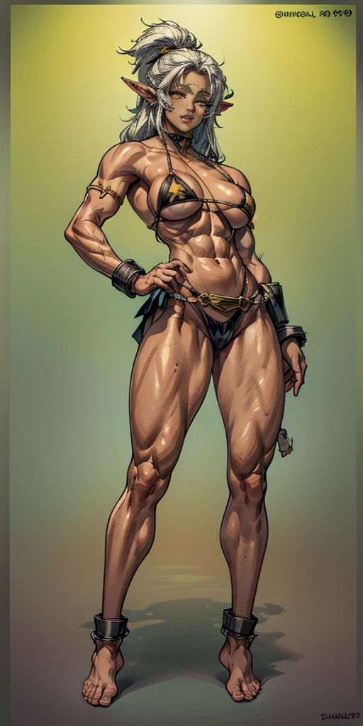 (Masterpiece, plain background:1.2) Female full body, standing straight symmetrical feet together, blood dark elf, dark skin, long messy white hair, short elf ears, circlet, yellow eyes, 1990s (style), female 1sologirl slingshot micro bikini, barefoot, bare handcuffs, shackles wristbands, bracers, bracelets, pauldrons metal shoulders