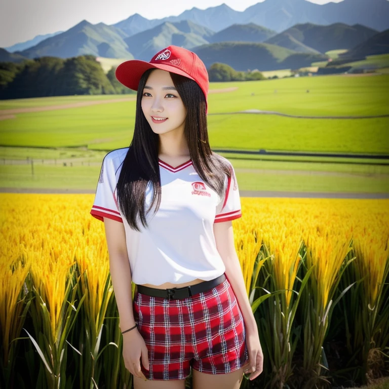 Asian woman wearing a hat and plaid shorts standing in a field, Japanese Farmer, beautiful south korean woman, Korean girl, gorgeous young korean woman, beautiful young korean woman, Chinese girl, Wear farm clothes, korean woman, young asian girl, Japanese model, with straw hat, Xindong Chen, Yoshitomo Nara black and red silk clothes, Sporty,a close up of a woman in a red shirt and black shorts, Wear a volleyball shirt., Red dress, Sporty, Cute sportswear, red and black, sexy outfit, Japanese model, Professional sports style, irelia, Black and Red only, Look sexy, red sports clothes, wearing shorts, red shirt, handsome style,Malaysian