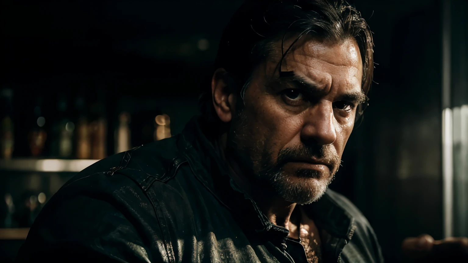 a middle-aged man with a serious expression, looking straight ahead and pointing his finger forward, dark moody background, dramatic lighting, cinematic, hyperrealistic, 8k, ultra-detailed,intricate details, photorealistic, chiaroscuro lighting, dramatic shadows, dark and gritty, intense gaze, rugged facial features, muscular build, action pose, tense atmosphere, powerful presence, impactful, compelling