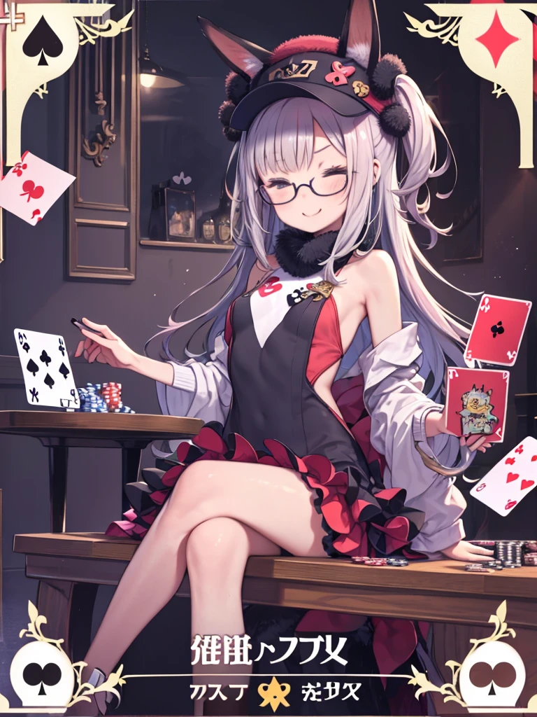 Bunny, Seck Stage Costumes, One girl, alone, card, Glasses, playing card, View Viewer, tail, Sitting, blush, smile, table, fox tail, Holding, Poker Chips, Holding card, Mouth closed