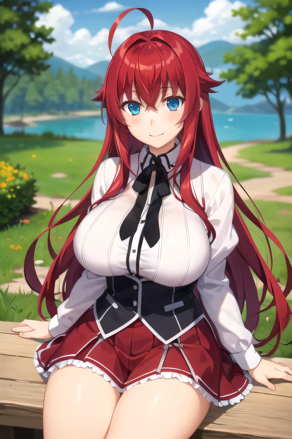 best quality, masterpiece, detailed,
RiasGremory,
1girl, closed mouth, smile, blush,
red hair, long hair, blue eyes, ahoge,
, striped shirt, neck ribbon, black ribbon, black corset, purple skirt, huge breasts,
sitting, looking at viewer,
forest, lake