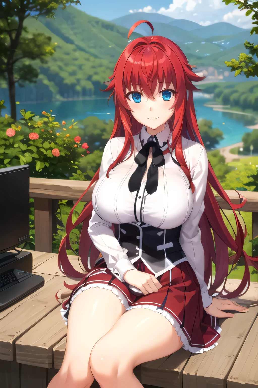 best quality, masterpiece, detailed,
RiasGremory,
1girl, closed mouth, smile, blush,
red hair, long hair, blue eyes, ahoge,
, striped shirt, neck ribbon, black ribbon, black corset, purple skirt, huge breasts,
sitting, looking at viewer,
forest, lake