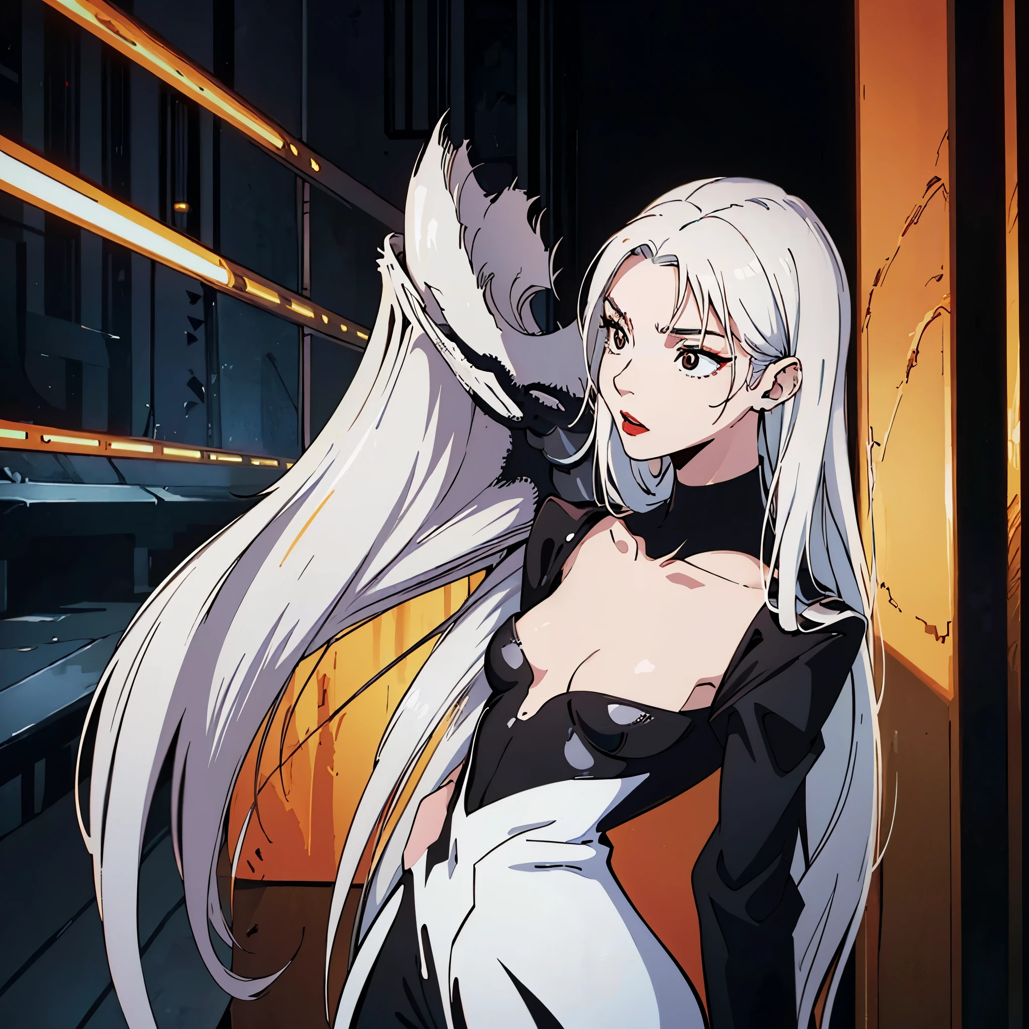 digital art drawing, illustration of (woman, long white hair mid part, brown eyes, sexy facial expression, black clothes, deep v neck body suit, small breasts, black shorts, red lips, cyberpunk), anime drawing/art, bold linework, illustration, digital art, masterpiece, flat illustration, no shadows, 8k resolution, high detail, vector art, only anime, perfect eyes, perfect hands, perfect fingers, sharpness, high clarity, medium shot, high fidelity