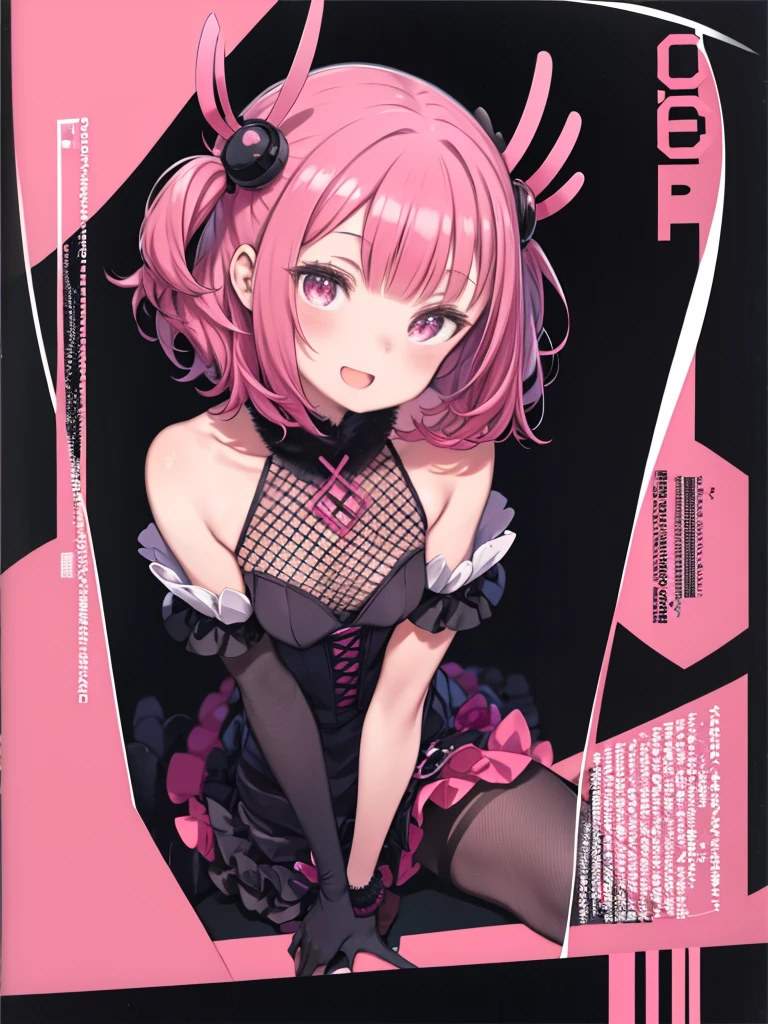 author:Midori Shu One Girl, alone, Holding, Fishnet tights, Pink Hair, fishnet pantyhose, gloves, hair ornaments, pantyhose, Pink Eyes, smile, Medium Hair, black gloves, Open your mouth, bangs, Black background, Removable sleeves, Have, Hair Clips Top Quality, masterpiece,