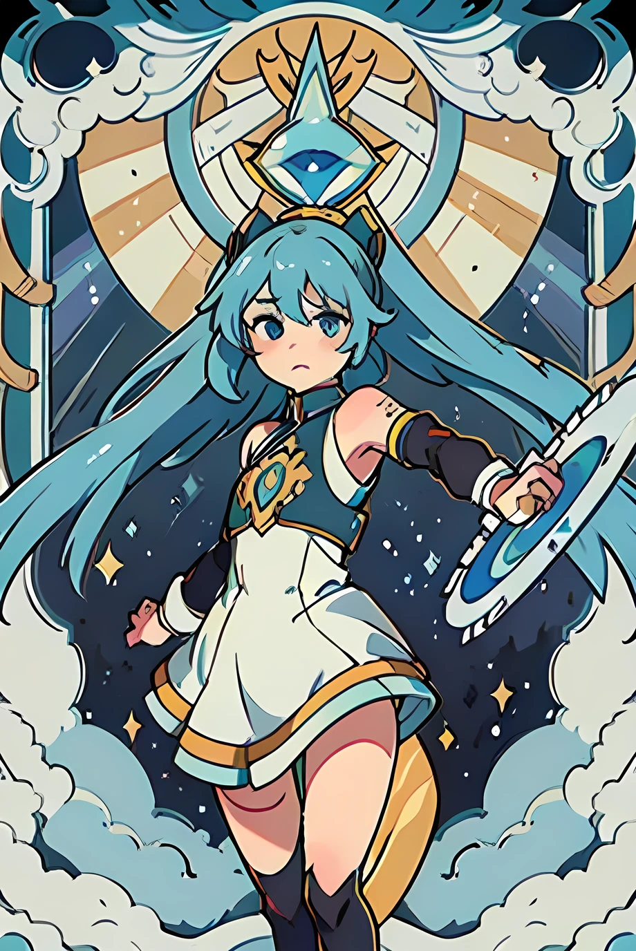 （（tmasterpiece：1.2，best qualtiy），solo，magical ，wands，An Alphonse Mucha's：1.1，Hatsune Miku, blue gradient hair，The upper part of the body，frontage，Staring straight ahead，tarot cards：1.3，darkly，the night，Skysky，dark cloude，As estrelas，galactic）