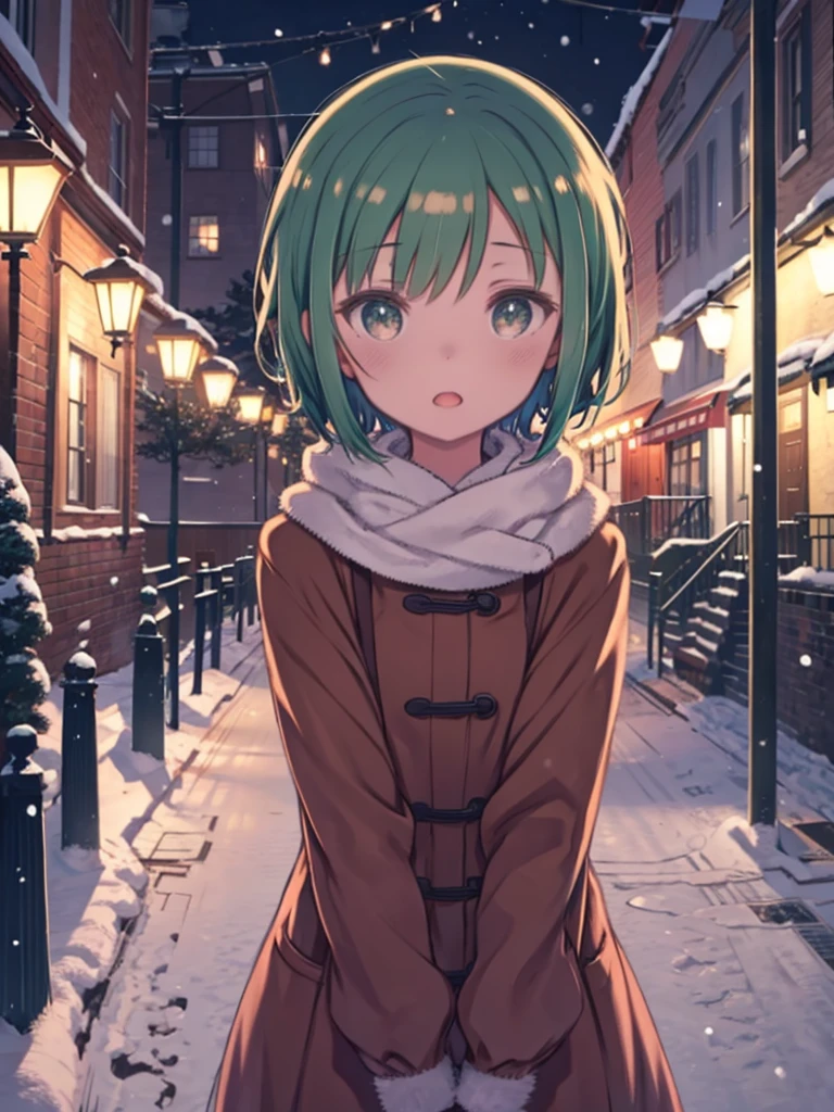One girl, Green Hair, ribbon, Brown eyes, hair ribbon, snowing, snow, View Viewer, Open your mouth, alone, bow, snowflakes, Street lamp post, short hair, Christmas