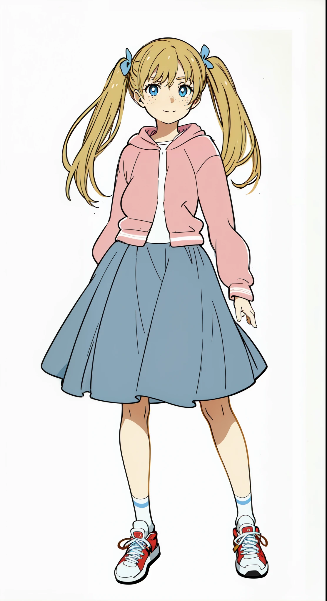 (best quality:1.0), (masterpiece:1.0), (super fine illustration:1.0), (beautiful artwork:1.0), (anime screencap:1.0), (official art:1.0), (european:1.0), (cheerful:1.0), (white background:1.0), (best quality:1.0), (masterpiece:1.0), (super fine illustration:1.0), (beautiful artwork:1.0), (anime screencap:1.0), (official art:1.0), (solo:1.0), (european:1.0), (a  cute girl:1.0), (long skirt:1.0), (light blue skirt:1.0), (flare skirt:1.0), (pink long sleeve hoodie:1.0), (white t-shirt:1.0), (sneakers:1.0), (white socks:1.0), (ideal ratio body proportions:1.0), (lanky:1.0), (tall:1.0), (slender:1.0), (small breasts:1.0), (smaller face:1.0), (tareme:1.0), (freckles:1.0), (detailed beautiful eyes:1.0), (detailed beautiful face:1.0), (glowing blue eyes:1.0), (long hair:1.0), (twin tails:1.0), (swept bangs:1.0), (blonde hair:1.0), (standing:1.0), (looking at viewer:1.0)