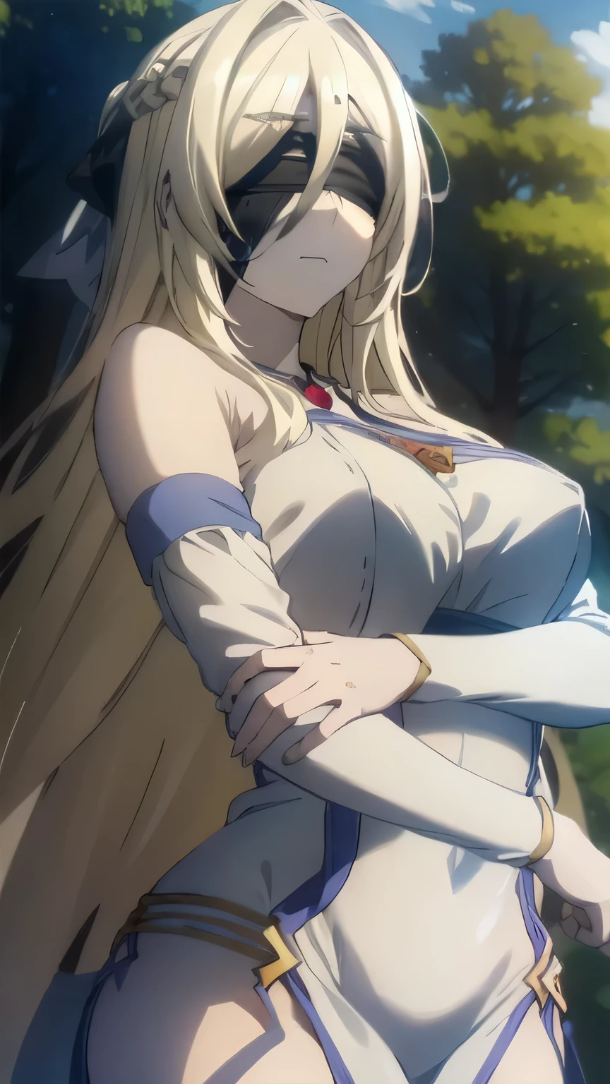 swordmaiden, sword maiden, long hair, bangs, blonde hair, blindfold, (covered eyes:1.2), black blindfold, (large breasts:1.2), pout, pouting, puffy cheeks,
BREAK dress, jewelry, necklace, (white dress:1.5), bare shoulders, collarbone,
BREAK outdoors, forest, nature, sun, sky, clouds, blue sky,
BREAK looking at viewer, (cowboy shot:1.5),
BREAK (masterpiece:1.2), best quality, high resolution, unity 8k wallpaper, (illustration:0.8), (beautiful detailed eyes:1.6), extremely detailed face, perfect lighting, extremely detailed CG, (perfect hands, perfect anatomy),