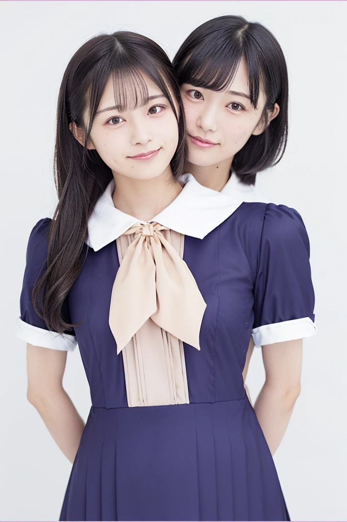 Two girls standing in an old Japanese schoolyard,White sailor shirt with bow tie,Indigo Hakamashita,A small dark red ribbon in her hair,18-year-old,bangs,Smile a little,Low Ponytail,Angle from directly below,Big Breasts,(Holding a condom:1.2),whole body