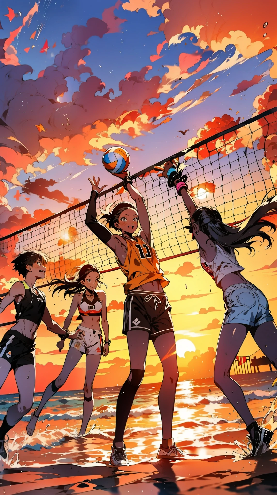 thin outlines, anime style, cool and edgy, A group of friends at a beach, playing volleyball and splashing in the waves, the sun setting in the background casting a golden glow over the scene. Joyful, vibrant colors, dynamic composition, warm lighting, fashionable, posing, colorful, confident, expression, accessory, coiled, around, stylish, striking, modern, fashion