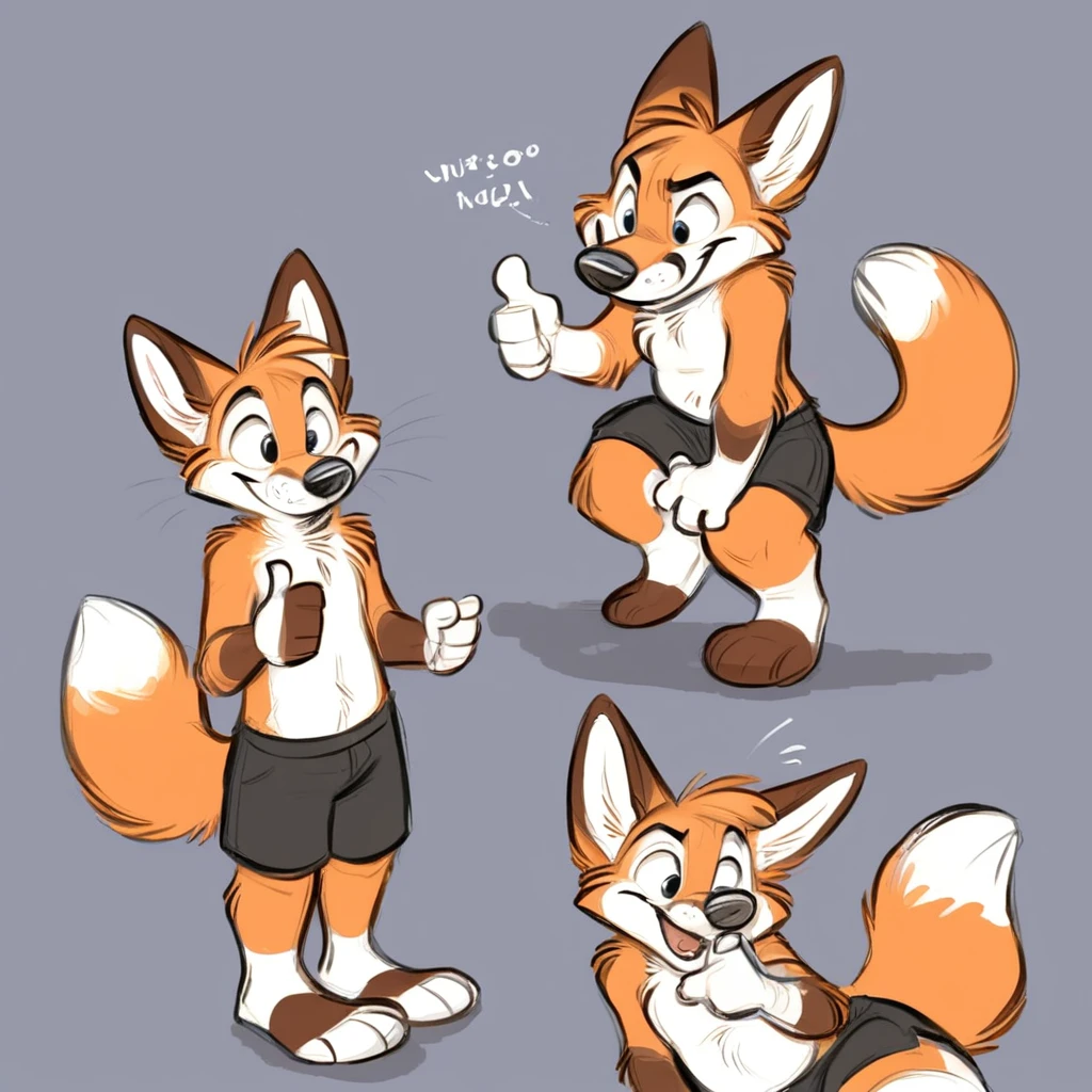 an anthropomorphic orange fox character with white facial fur, standing upright on two thick thighs legs, giving a thumbs up with the right hand. The character has large ears, a big bushy tail with a white tip, and is wearing black shorts. The background is solid blue, and there is text at the bottom that reads 'YUKI BLUTH.'