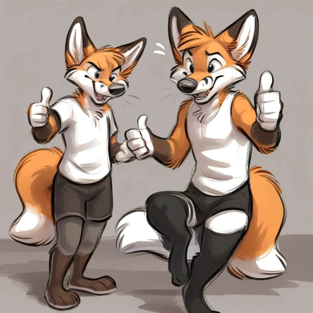 an anthropomorphic orange fox character with white facial fur, standing upright on two thick thighs legs, giving a thumbs up with the right hand. The character has large ears, a big bushy tail with a white tip, and is wearing black shorts. The background is solid blue, and there is text at the bottom that reads 'YUKI BLUTH.'