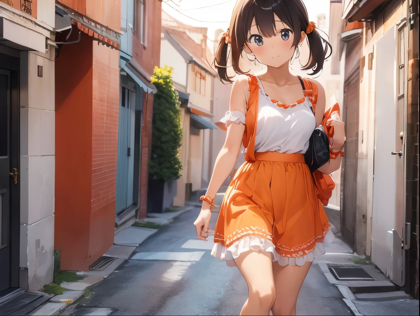 Orange bra、白いTシャツに密着したOrange bra、Red jacket、White fluffy frilly flared skirt、barefoot、long strap shoulder bag