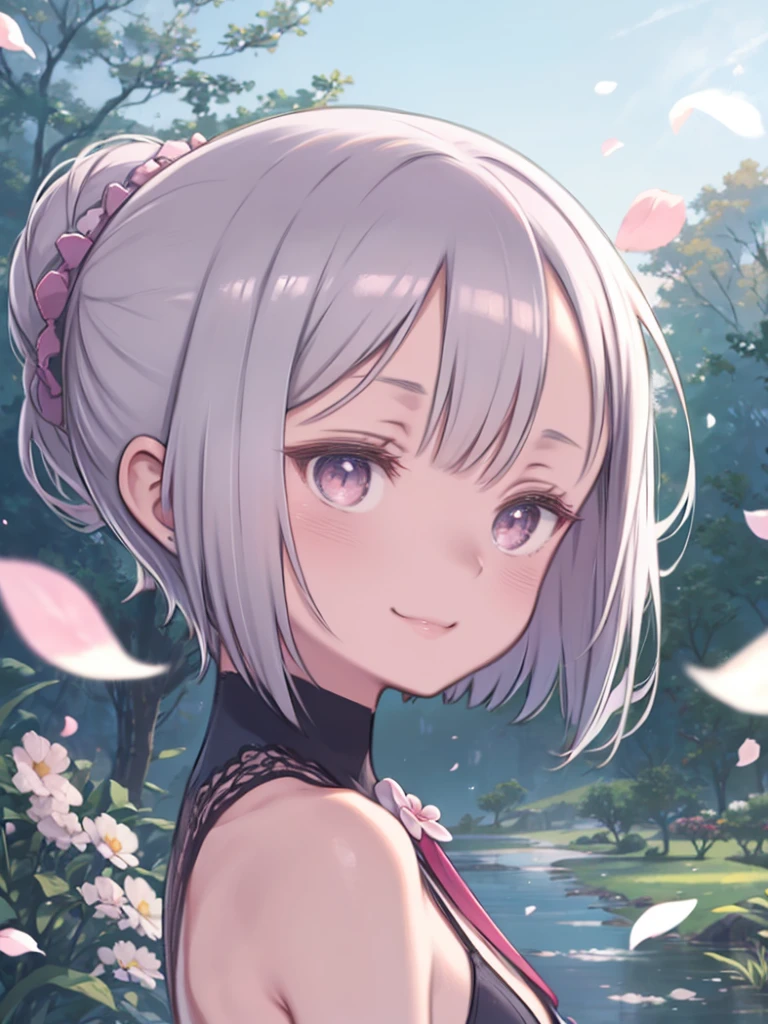 1 girl、Small breasts、Silver hair and short bob hairstyle、Tie your hair up with a hair clip、Glowing pink round eyes、From the side、Wicked Smile、1 beautiful delicate portrait of a girl with a soft and peaceful expression、The background is a garden with flower petals falling..