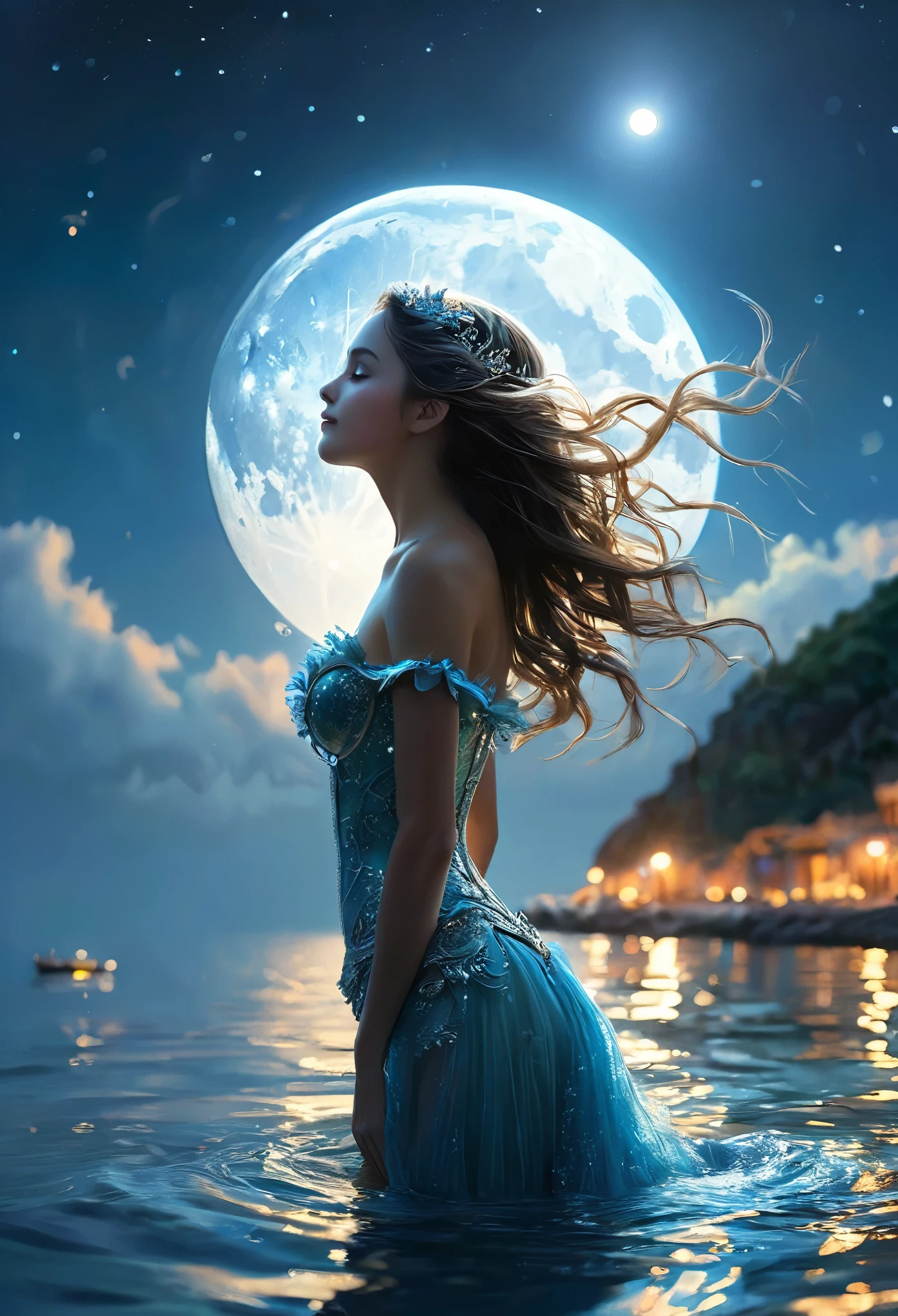 masterpiece, best quality, ultra-detailed, (photorealistic), an extremely delicate and beautiful, professional lighting, The singing of the Mermaid Princess, the calm sea, the full moon, the reflecting water, the quiet night,