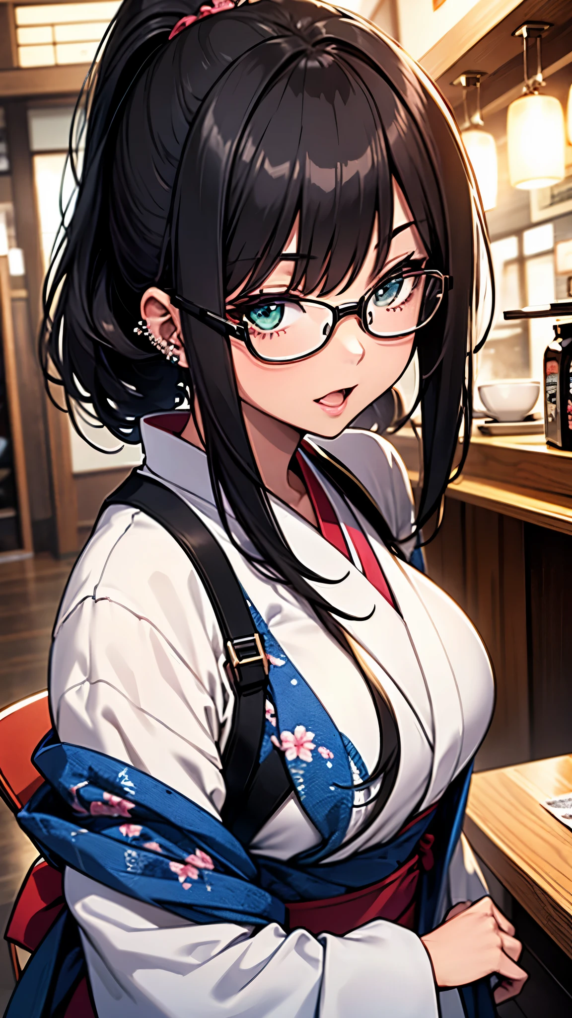 (1girl:1.3), Masterpiece, Best quality, amazing beauty, [[3D]], 4K, absurdres, finely detail, super detailed eye, perfect anatomy, official art, cinematic lighting, BREAK, japanese coffee shop, silky ponytail, hime cut, ahoge, black hair, super shiny detailed green eyes, big eyes, cute eyes, thin eyebrow, Glancing Elsewhere, open-mouth, thin lips, pink lips, eyewear, piercing, Jubilant, BREAK , big breasts, tall, slim, tan skin, detailed skin, sitting chair, upper body, from side, from above, Sidelighting, BREAK , eating a rice ball, Flower-patterned Kimono, BREAK,(Glasses)