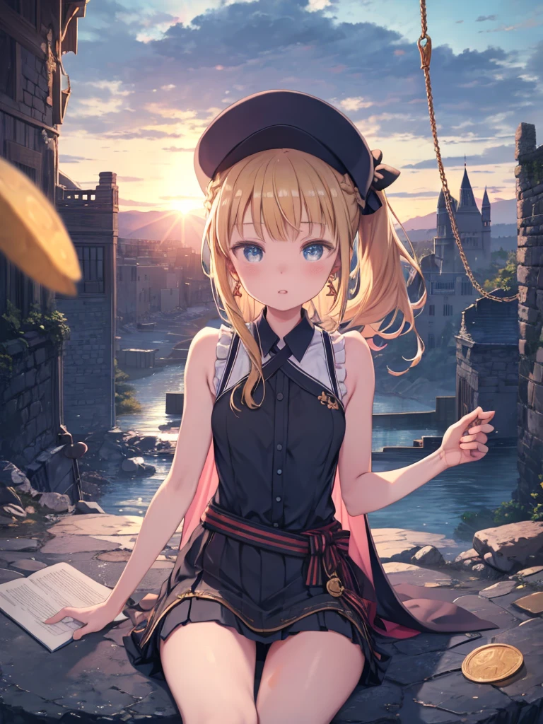 Auburn Blonde、blue eyes、Braiding、ponytail、One beautiful girl、alone、anime、Checked mini skirt、The skirt has buttons、camisole、Black T-shirt、dress、Wear a ribbon、Ribbon at waist、Cape、Crystal Grotto、Food、desert、Clouds are swirling、Stone slabs are piled up、Raise one hand、Wear a baseball cap 、Crystal Earrings、sun、Sitting、Gold coins are falling、Teeth are visible、Splash、monster castle、Have a world map、bow、swing