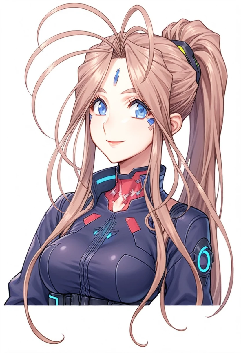 (Masterpiece), (best quality), ((ultra detailed)), score_9, score_8_up, score_7_up, score_6_up, score_5_up, score_4_up, source_anime, Lovebell-sdxl, long ponytail, shiny brown hair, blue eyes, 1girl, solo, smile, cyberpunk techwear, black wetsuit, cyberpunk waist belt, (upper body:1.4), BREAK, outdoor, futuristic building, futuristic cty,