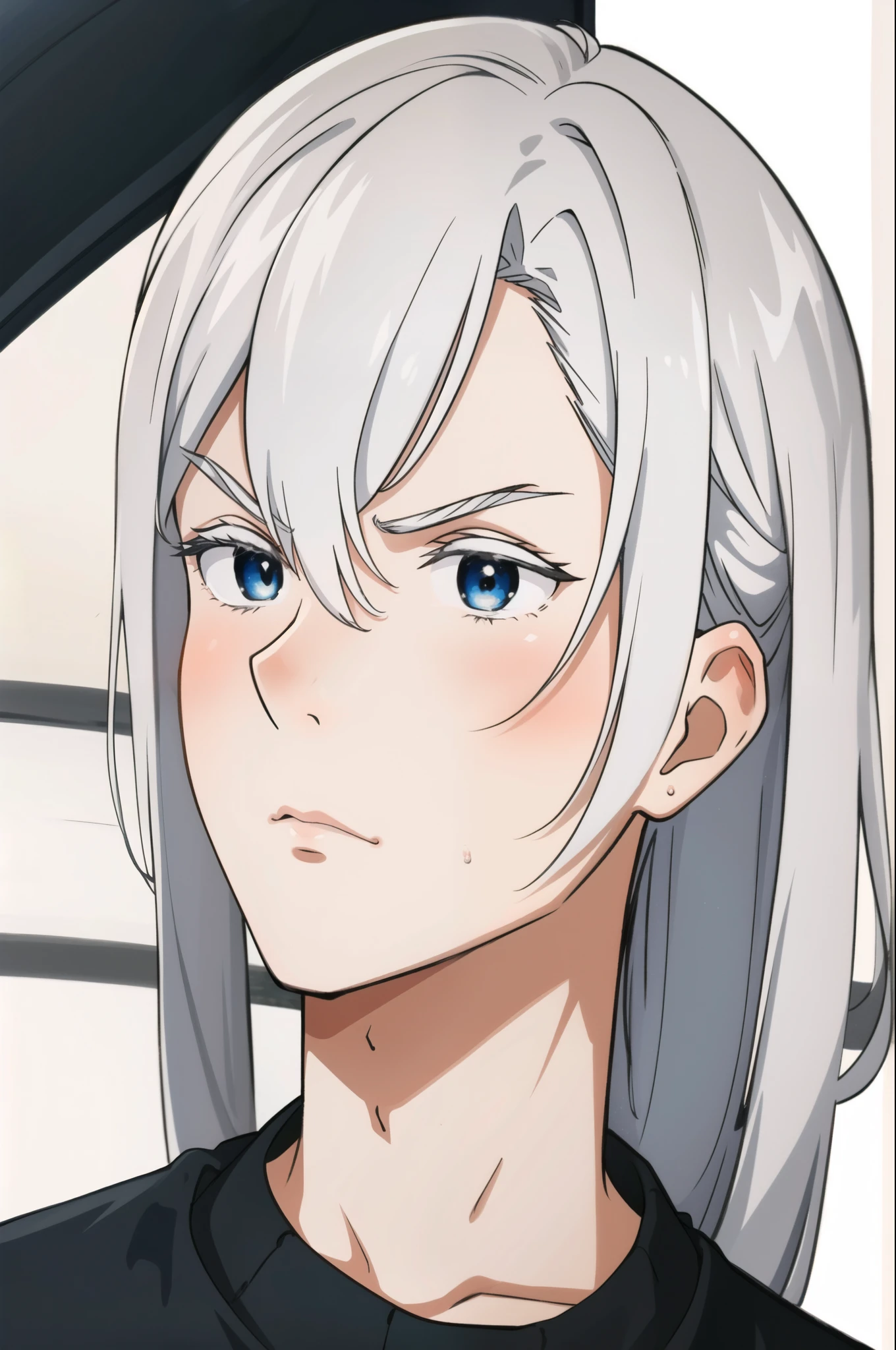 Boy, silver hair, blue eyes, sharp, serious features, white skin, handsome, black sweater