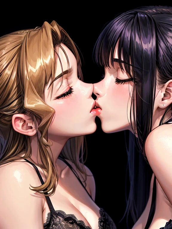 masterpiece, quality, A high resolution,((( 2 girls))), ((Yuri)), ((this kiss:1.4)), giving a hot kiss, in the bedroom, y lingerie