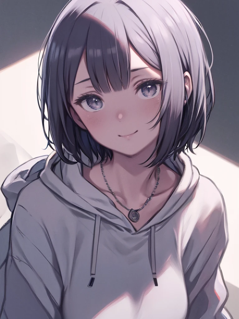(Surreal) , (Like the picture:1.4),(Increase the resolution), (8k), (Very detailed), (Beautiful and detailed), (highest quality), (Super detailed), (masterpiece), (wallpaper), (Detailed face), alone,1 girl, perfect beautiful japanese woman:1.4、19 years old、Looking at the audience, Subtle details, Detailed face, cloudy, Deep Shadow, A kind smile,Short hair white color,My hair is messy,look up,(Lightweight hoodie :1.2),Background is night,Camera angle: High angle,Mr.々A pose,necklace,Attractive face, Mid-chest, ダイナミックA pose,