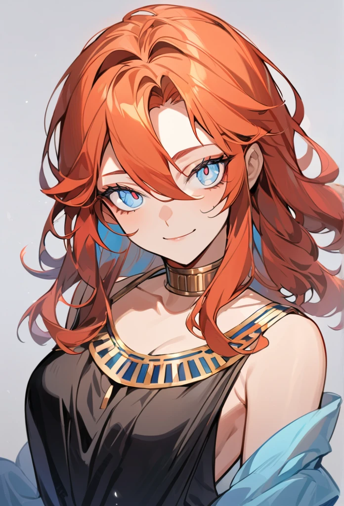 (high-quality, breathtaking),(expressive eyes, perfect face) 1girl, female, solo, young adult, ginger red color hair, blue highlight in hair, tanned skin, pale light blue eye color, medium hair length, fluffy spiky hair, long hair, black dress with gold trim, tunic, Greek Goddess, Ancient Greek Dress, Greek Clothes, Symmetrical Eyes, portrait, halfbody, positive expression, elegant, mature, beautiful, soft smile, hair between eyes, SunsetHuman, collar, grey background
