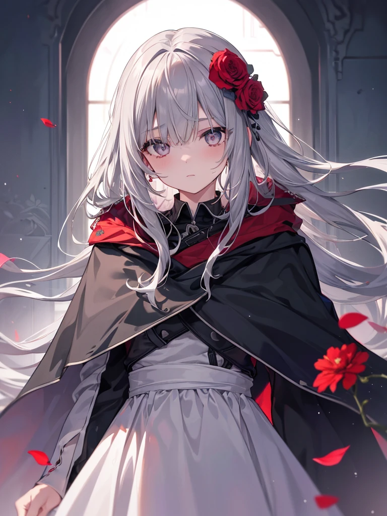 One girl,alone,One girl,alone,((Beautiful fine details)), (Detailed light),Depth of written boundary,(Gray Hair),Silver Eyes,Hair on one eye,(Red flower ), Hair Flowers,Long Hair,Black Cape,Wet,emotionless,Recall,night,Starfall,it's raining,fog,Red flowers falling,sketch,Upper Body,Strong Shadows,