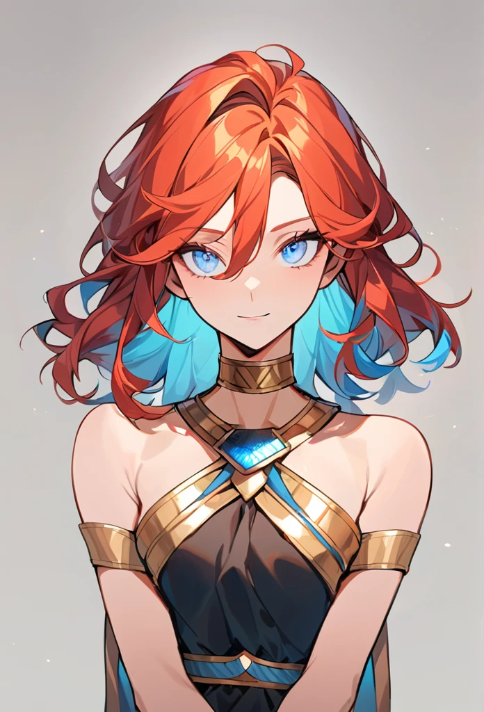 (high-quality, breathtaking),(expressive eyes, perfect face) 1girl, female, solo, young adult, ginger red color hair, blue highlight in hair, tanned skin, pale light blue eye color, medium hair length, fluffy spiky hair, long hair, black dress with gold trim, tunic, Greek Goddess, Ancient Greek Dress, Greek Clothes, Symmetrical Eyes, portrait, halfbody, positive expression, elegant, mature, beautiful, soft smile, hair between eyes, SunsetHuman, collar, grey background, ariel