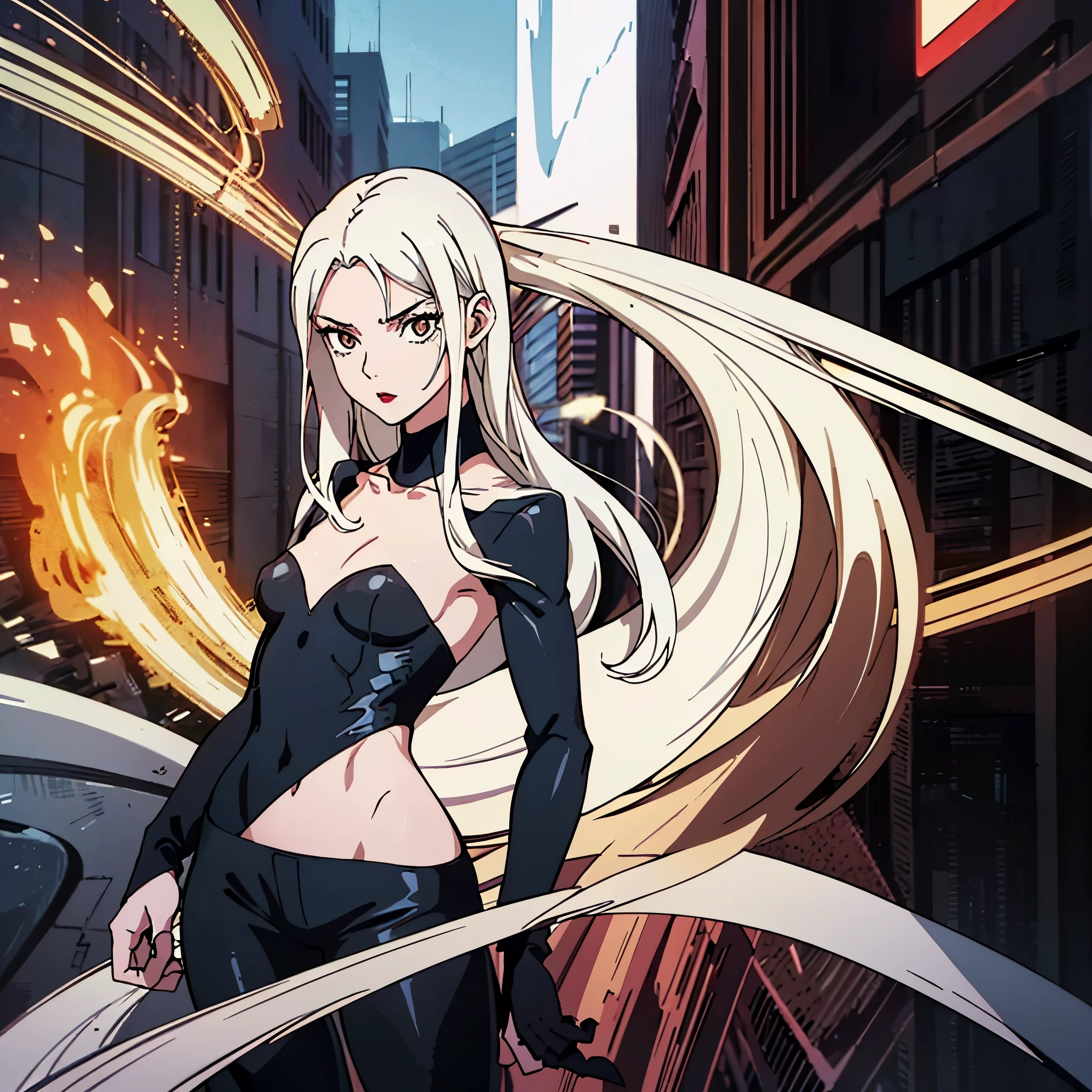 digital art drawing, illustration of (woman, long white hair mid part, brown eyes, sexy facial expression, black clothes, deep v neck body suit, flat chest, black shorts, red lips, cyberpunk), anime drawing/art, bold linework, illustration, digital art, masterpiece, flat illustration, no shadows, 8k resolution, high detail, vector art, only anime, perfect eyes, perfect hands, perfect fingers, sharpness, high clarity, medium shot, high fidelity
